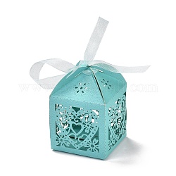 Papel cortado con láser ahueca hacia fuera el corazón y las flores cajas de dulces, cuadrado con cinta, para el embalaje del regalo del favor de la fiesta de la fiesta de bienvenida al bebé de la boda, turquesa, 5x5x7.6 cm