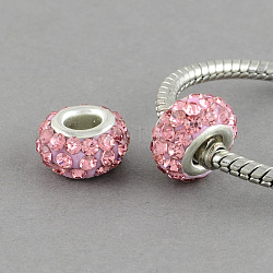 Perles européennes rondes en argile polymère avec strass de grade A, avec double noyau en laiton plaqué argent, Perles avec un grand trou   , rose clair, 12x7mm, Trou: 5mm