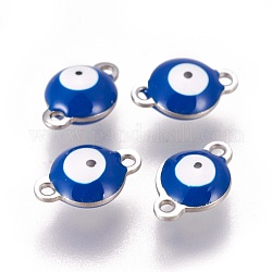 304 Stainless Steel Enamel Links connectors, Flat Round with Evil Eye, Stainless Steel Color, Marine Blue, 14.5x10x4.5mm, Hole: 1.4mm