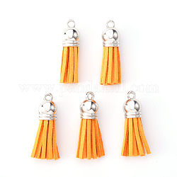 Décorations de pendentif pompon en daim, avec embouts de cordon en plastique ccb, platine, orange, 33~35x10mm, Trou: 2.5mm