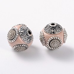 Round Handmade Indonesia Beads, with Alloy Cores, Antique Silver, Lilac, 14~16x14~16mm, Hole: 1.5mm