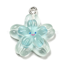 Translucent Resin Pendants, Flower Charms, with Platinum Tone Iron Loops, Pale Turquoise, 23x20x6mm, Hole: 1.5mm