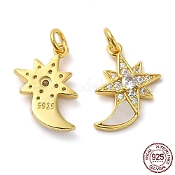 925 Sterling Silver Micro Pave Cubic Zirconia Pendants, Moon & Star Charm, with Shell & 925 Stamp & Jump Ring, Real 18K Gold Plated, 16x13x3mm, Hole: 3mm