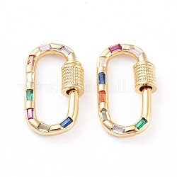 Brass Micro Pave Cubic Zirconia Screw Carabiner Lock Charms, for Necklaces Making, Long-Lasting Plated, Oval, Real 18K Gold Plated, Colorful, Colorful, 23.5x13.5x3mm, Screw: 5mm in diameter