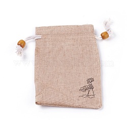 Sacchetti di imballaggio tela, borse coulisse, con perline in legno, bisque, 14.6~14.8x10.2~10.3cm