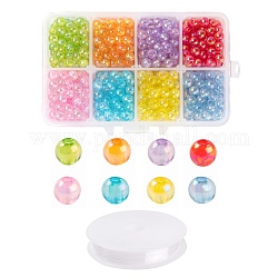 8 Colors 760Pcs Round Plated AB Color Transparent Acrylic Beads, with 1 Roll Elastic Crystal Thread for DIY Children's Day Stretch Bracelets Making Kits, Mixed Color, 6x5mm, Hole: 1.8mm