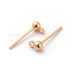 Brass Stud Earrings Findings, with Loop, Long-Lasting Plated, Nickel Free, Real 18K Gold Plated, Round, 13mm, Hole: 1mm, Pin: 0.7mm, Ball: 3mm in diameter