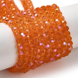 Placcare trasparente perle di vetro fili, sfaccettato, tondo, arcobaleno placcato, arancione, 4mm, Foro: 0.7 mm, circa 88~95pcs/filo, 12.99~14.06 pollice (33~35.7 cm)