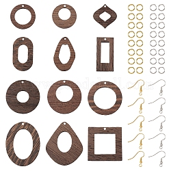 Pandahall DIY-Geometrie-Ohrring-Herstellungsset, einschließlich Ring-, Quadrat-, Donut- und Tropfenanhänger aus natürlichem Wengeholz, Messing Ohrhaken, Kokosnuss braun, 144 Stück / Karton