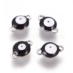 Conectores de eslabones esmaltados de acero inoxidable 304, plano y redondo con mal de ojo, color acero inoxidable, negro, 14.5x10x4.5mm, agujero: 1.4 mm