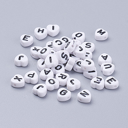Perline acriliche con foro orizzontale, cuore con la lettera, bianco, 7x7x4mm, Foro: 1 mm