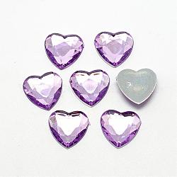 Cabochons de strass à dos plat en acrylique, facette, fond argenté, cœur, support violet, 12x12x3mm
