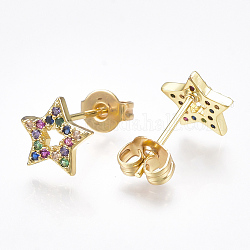 Brass Micro Pave Cubic Zirconia Ear Studs, Star, Real 18K Gold Plated, 7.5x8x1.5mm, Pin: 0.7mm