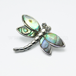 Abalone/Paua Shell Pendants, Single Side, with Brass Findings and Rhinestones, Dragonfly, Colorful, Size: about 33mm wide, 26mm long, 6mm thick, hole: 7x3mm