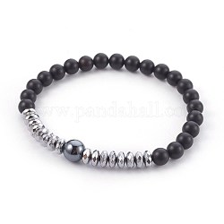 Natural Black Agate(Dyed) Beads Stretch Bracelets, with Non-Magnetic Synthetic Hematite Beads, 2-1/2 inch(6.3cm)