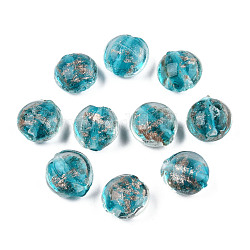Perles vernissées de sable d'or manuelles , plat rond, turquoise foncé, 12x8mm