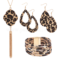 Anattasoul серьги-капли с леопардовым принтом, многожильный браслет и ожерелье с подвеской-кисточкой, украшения из золотого сплава для женщин, кофе, 32.60 дюйм (82.8 см), 7-1/2 дюйм (192 мм), 80~81 мм, штифты : 0.6 мм