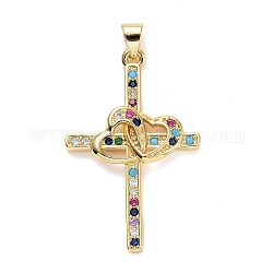 Brass Micro Pave Colorful Cubic Zirconia Pendants, Long-Lasting Plated, Cross with Heart, Colorful, 35.5x22.5x3.5mm, Hole: 5x3mm, 5pcs/box