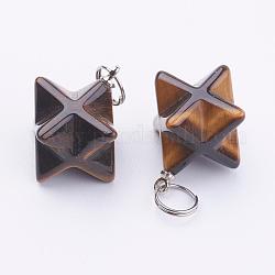 Natural Tiger Eye Pendants, with 201 Stainless Steel Split Rings, Stainless Steel Color, Merkaba Star, 23~24x17~17.5x20mm, Hole: 6mm