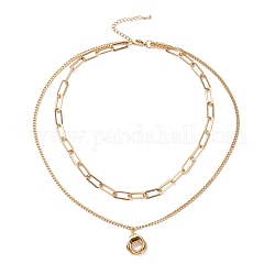 Placage sous vide 304 double chaîne en acier inoxydable collier multicouche avec breloque anneaux pour femme, or, 16.34 pouce (41.5 cm)