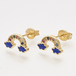 Brass Cubic Zirconia Stud Earrings, with Enamel and Ear Nuts, Rainbow, Golden, Blue, 6x11mm, Pin: 0.7mm