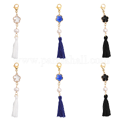 CHGCRAFT 6Pcs 3 Colors Cotton Thread Tassel Big Pendant Decorations, with Natural Pearl Beads, Alloy Glass Links and 304 Stainless Steel Lobster Claw Clasps, Flower, Mixed Color, 82mm, 2Pcs/color