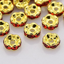 Brass Rhinestone Spacer Beads, Grade AAA, Wavy Edge, Nickel Free, Golden Metal Color, Rondelle, Light Siam, 5x2.5mm, Hole: 1mm