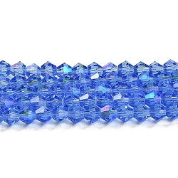 Transparentes perles de verre de galvanoplastie brins, de couleur plaquée ab , facette, Toupie, bleu clair, 4x4mm, Trou: 0.8mm, Environ 87~98 pcs/chapelet, 12.76~14.61 pouce (32.4~37.1 cm)