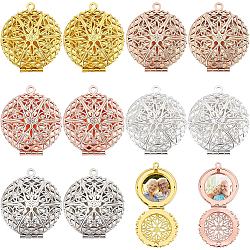 BENECREAT 10Pcs 5 Colors Openwork Round Shaped Photo Frame Book Charms, Vintage Alloy Photo Locket Pendant for Memorial Necklaces Jewelry Making DIY Crafts, Hole: 1.5mm