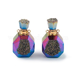 Colgantes de botellas de perfume que se pueden abrir de ágata druzy natural electrochapada, colgantes de botella de perfume facetados, con fornituras de latón de tono de oro, arco iris chapado, 35~37.5x20x13.5~14.5mm, agujero: 1.8 mm