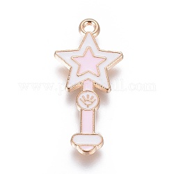 Colgantes de la aleación, con esmalte, varita mágica estrella, la luz de oro, rosa perla, 28x13x1.7mm, agujero: 1.6 mm