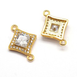 CZ Brass Micro Pave Cubic Zirconia Links, Clear, Cadmium Free & Nickel Free & Lead Free, Rhombus, Real 18K Gold Plated, 15x20x5mm, Hole: 1mm