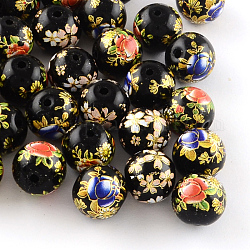 Mixed Flower Picture Printed Glass Round Beads, Black, 12mm, Hole: 1.5mm
