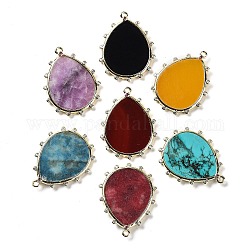 Natural Mixed Stone Pendants, Rack Plating Golden Tone Brass Pave Clear Cubic Zirconia Teardrop Charms, Mixed Dyed and Undyed, 30.5x23.5x2mm, Hole: 1.4mm