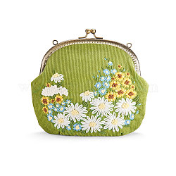 Shegraceコーデュロイ女性イブニングバッグ  刺繍ミルクの綿の花  合金の花の財布のフレームハンドル  合金ツイストカーブチェーン  緑黄  240x240mm