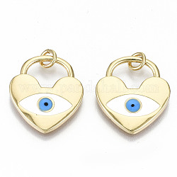 Brass Pendants, with Jump Rings and Colorful Enamel, Nickel Free, Heart Lock with Evil Eye, Real 16K Gold Plated, 20x18x2mm, Jump Ring: 5x1mm, 3mm inner diameter