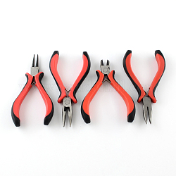 Juegos de herramientas de joyería de hierro: alicates de punta redonda, alicates de corte de alambre, alicates de corte lateral y alicates de punta doblada, rojo, 110~127mm, 4 PC / sistema