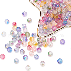 Brins de perles de verre peintes à la bombe givrée, avec une feuille d'or, ronde, couleur mixte, 8~9mm, Trou: 1.2~1.5mm, Environ 46~56 pcs/chapelet, 14.37 pouce ~ 16.3 pouces (36.5~41.4 cm), 7 couleurs, 1strand / couleur, 7strands / set