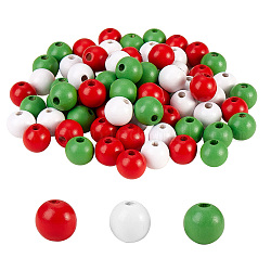300Pcs 3 Colors Painted Natural Wood Beads, Round, Mixed Color, 16mm, Hole: 4mm
