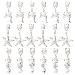 CHGCRAFT 42Pcs 3 Styles Alloy European Dangle Charms, Large Hole Pendant, Dolphin & Sea Horse & Starfish, Silver, Pendant: 21~27x11~20x2.5~4.5mm, Hole: 5mm, about 14pcs/style