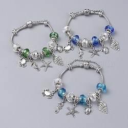 Bracelets européens en laiton, avec des perles rondelles en verre faites à la main et des breloques en alliage de style tibétain, thème de l'océan, couleur mixte, 7-1/2 pouce (19 cm)
