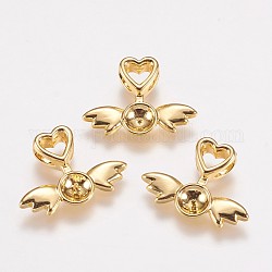 Messingstöpselbügel, für die Hälfte gebohrt Perlen, Herz mit Flügel, golden, 14x19x4 mm, Loch: 2 mm, Stift: 0.5 mm