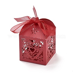 Papier découpé au laser évider des boîtes de bonbons coeur et fleurs, carré avec ruban, pour mariage baby shower party faveur emballage cadeau, cramoisi, 5x5x7.6 cm
