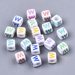 Perle acriliche bianche opache, con smalto, foro orizzontale, cubo con lettera di colore misto, letter.w, 6x6x6mm, Foro: 3 mm