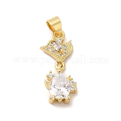 Rack Plating Brass Micro Pave Cubic Zirconia Pendants, Cadmium Free & Lead Free, Long-Lasting, Flower & Teartrop, Clear, 24x10x7mm, Hole: 3x5mm