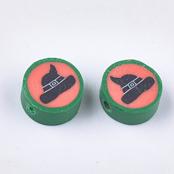 Cuentas de arcilla polimérica hechas a mano con tema de halloween, redondo plano con sombrero de bruja, verde, 10x5mm, agujero: 1.4 mm