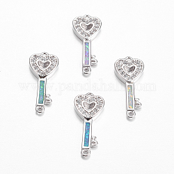 Ottone micro spianare link zirconi, con opale sintetico, chiave del cuore, platino, colore misto, 20x8x2mm, Foro: 1 mm
