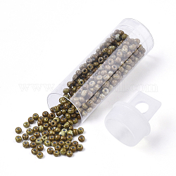 Perles de verre tchèques, Perles de rocaille en verre rondes, style de peinture de cuisson, kaki foncé, 8/0, 3x2mm, trou: 1 mm, environ 10 g / bouteille