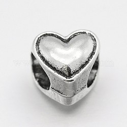 Corazón de la aleación abalorios europeos agujero grande, plata antigua, 8x8x7mm, agujero: 4 mm