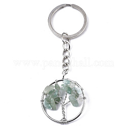 Porte-clés chakra puces d'aventurine verte naturelle, avec porte-clés fendus en acier inoxydable plaqué platine, rond et plat avec un arbre, 90mm